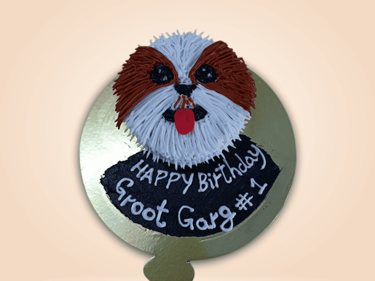 Realistic dog face cake design as a Shih Tzu with detailed fur piping and red tongue